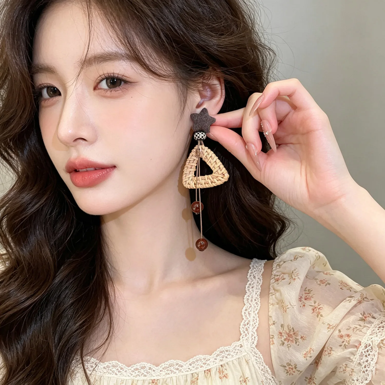 Boho Woven Triangular Drop Earrings Star Stud Layered Bead Long Strand Dangle Jewelry Rustic Vacation Summer Beach Accessory