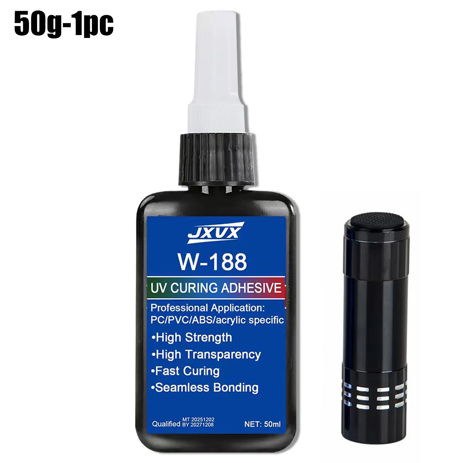50 g neuer hochfester UV-härtender Klebstoff W-188, geeignet für Heimwerkerprojekte, zum Kleben und Verschweißen von Glas, Metall, Keramik und ABS-Materialien. Inklusive UV-Härtungslampe (1–3 Stück).