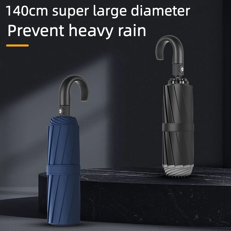Super Large 140cm Curved Handle Umbrella Automatic Storm Umbrella Outdoor Triple Folding Sunny and Rain Umbrella for Men Women