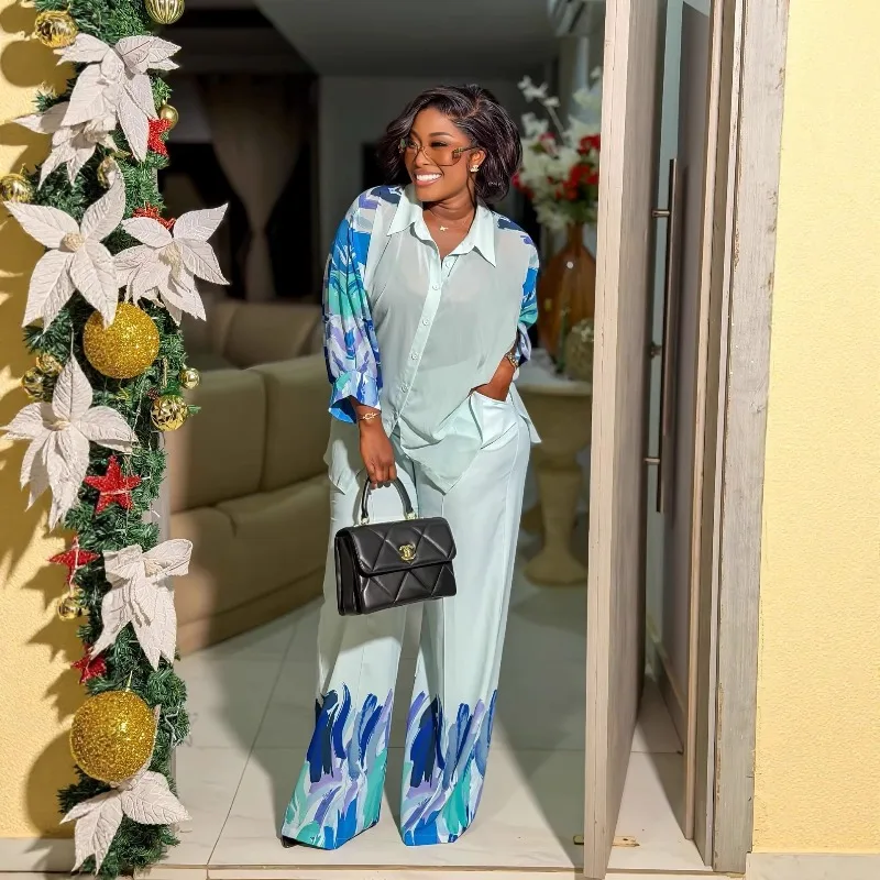 Elegant Print Matching Set Women Lapel Long Sleeve Shirt High Waist Wide Leg Pants African Fashion Daily Chic Two Piece Suit