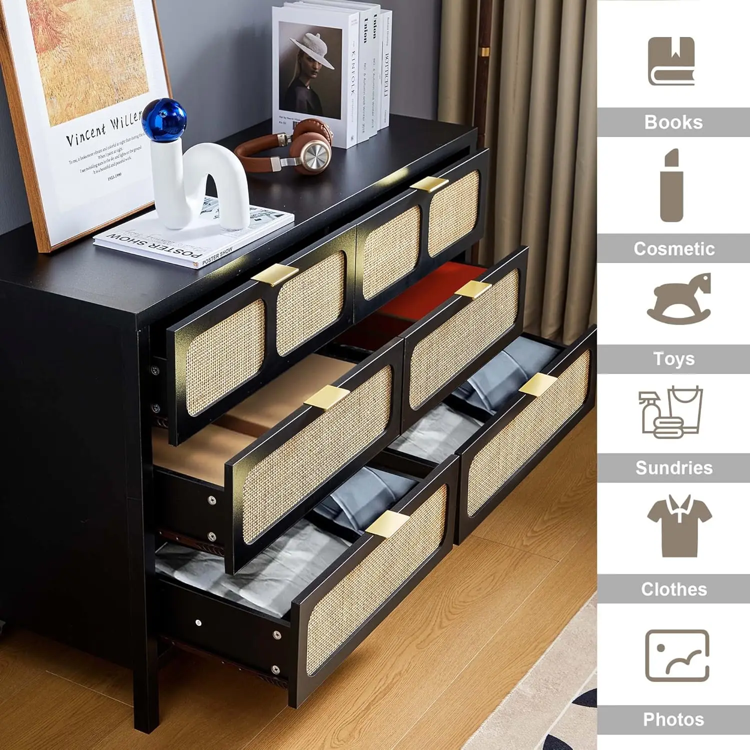 6 Drawer Dresser, Modern Rattan Dresser Chest With Wide Drawers And Metal Handles, Farmhouse Wood Storage Chest Of Drawers For