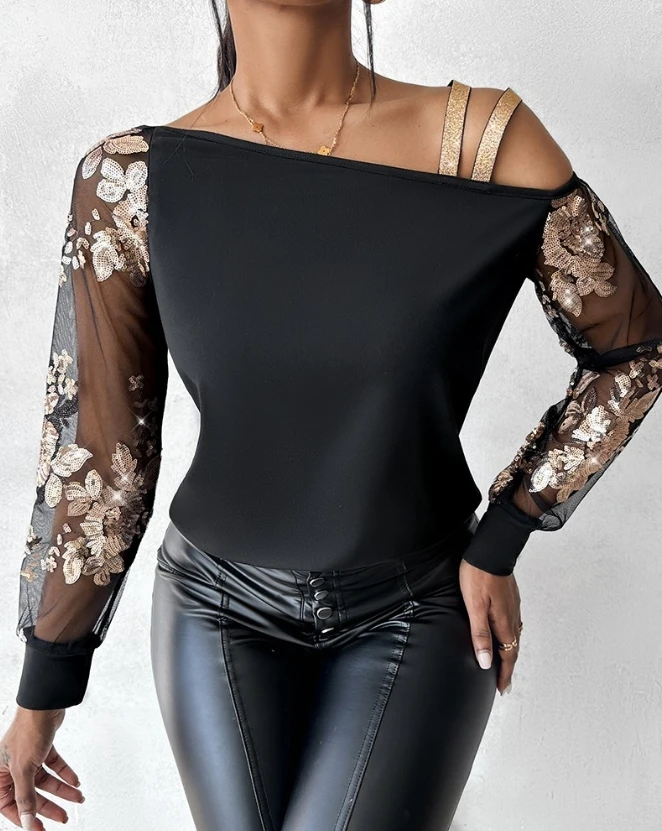 

Women's Blouse Tops Elegant Mesh Patch Floral Contrast Sequin Asymmetric Cold Shoulder Long Sleeve Top Fashion Casual Tee Tops