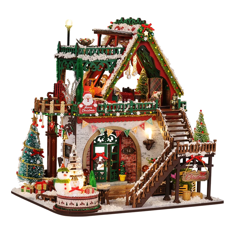 DIY Wooden Snowy Christmas Lodge Cottage Miniature Model Kits With Furniture Ca…