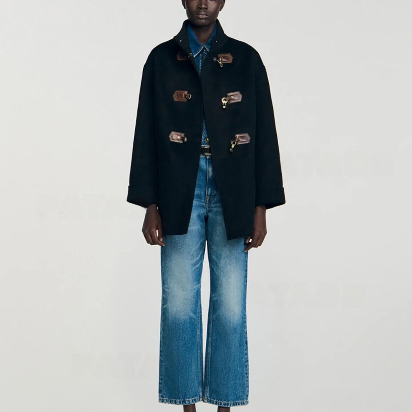 M Home Otoño Invierno Abrigo de lana retro para mujer Cuello alto Cuero Metal Bule Thiened Prendas de abrigo de punto OL Sle Long Sl...