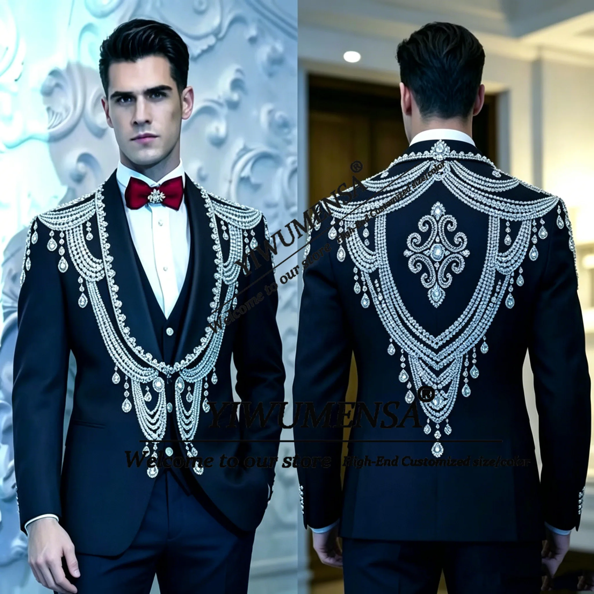 

Brilliant Diamond Beaded Suit Man For Wedding Shawl Label Prom Blazer Customized 3 Piece Sets Groom Tuxedos Slim Fit Man Tuxedos