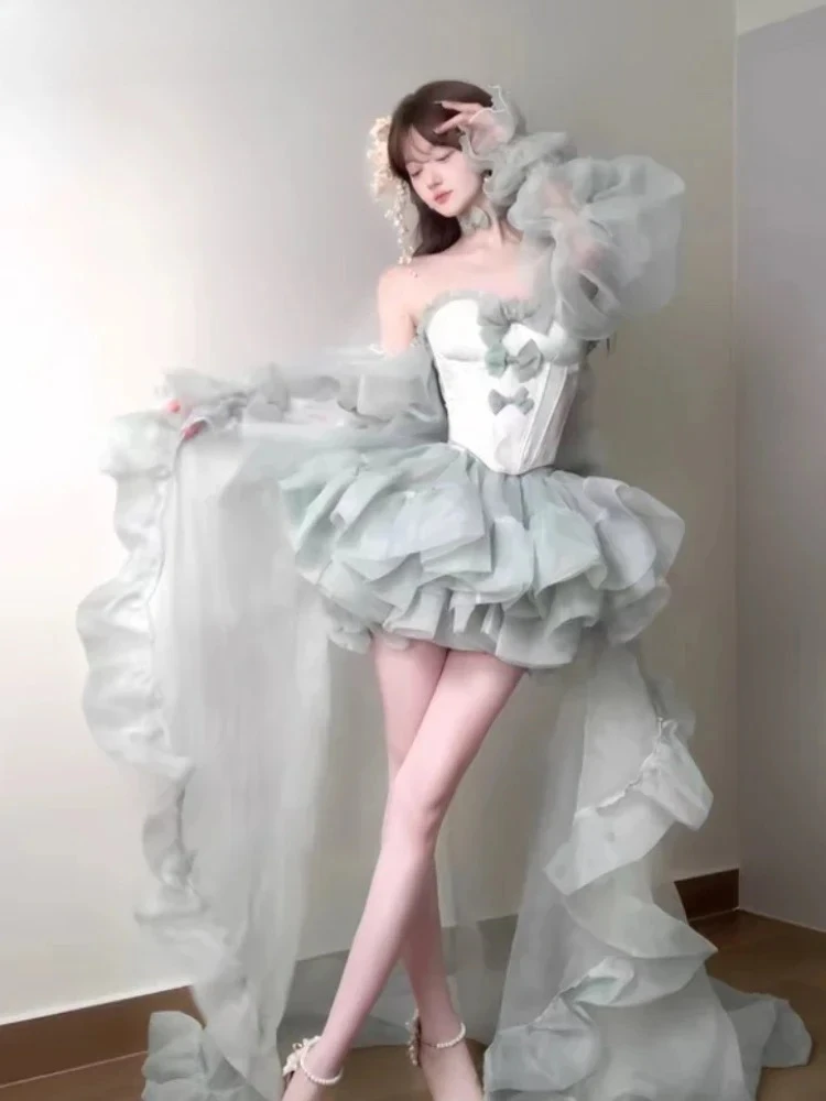 

Girl Women's Irregular Party Birthday Dress Sweet Ladies Strapless Princess Dress 2025 New Spring Summer Fairy Big Bow Trailing