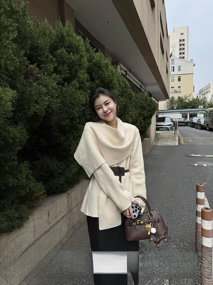 

Кардиган-шарф Seoul Memory Pure Color с эффектом утяжки талии в корейском стиле, универсальный, женский, осенний, модный, теплый