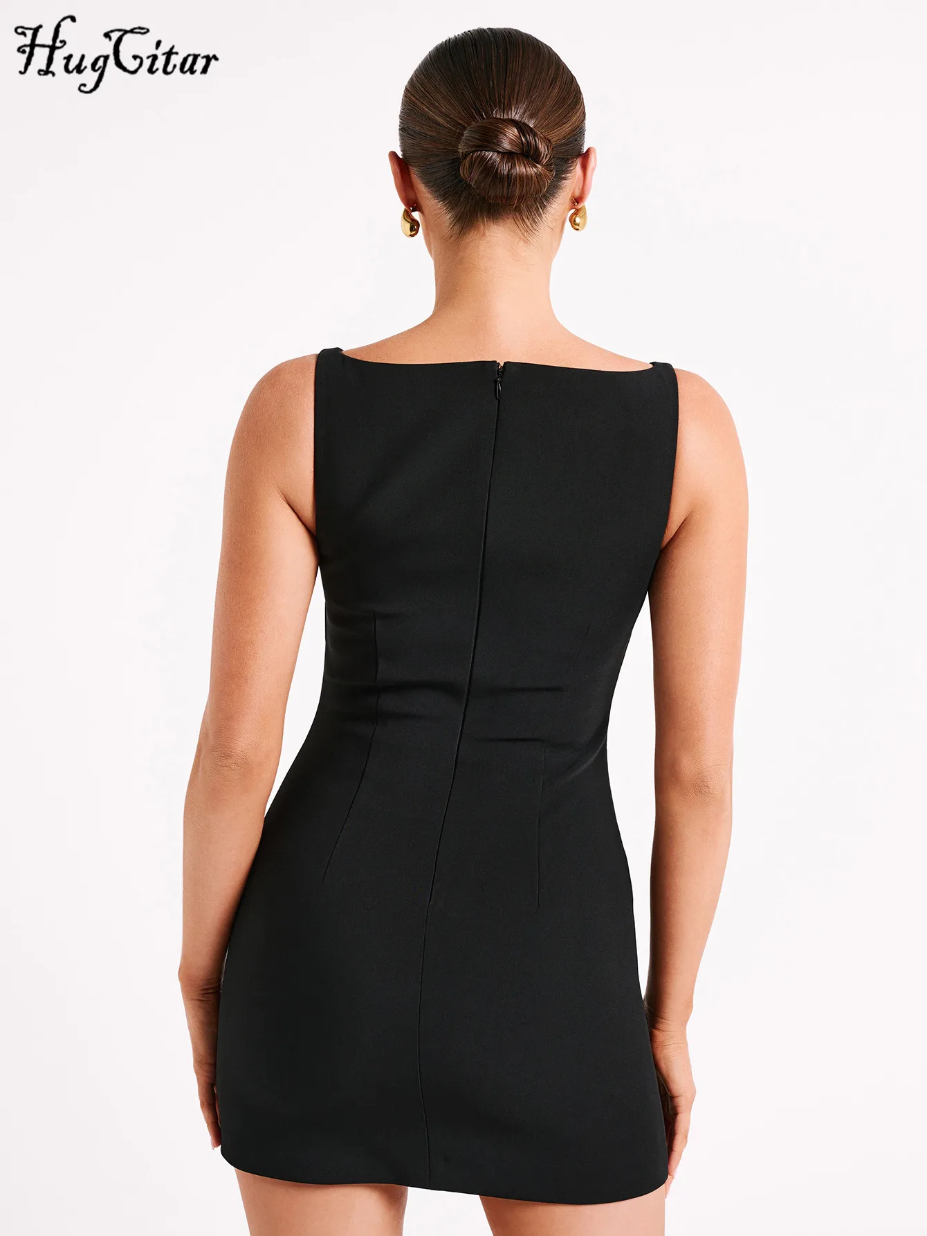 Hugcitar 2024 Élégant Solide O Cou Sans Manches Ligne Brillante Zip Up Sexy Moulante Mini Robe D'été Femmes Y2K Vêtements Fête D'anniversaire