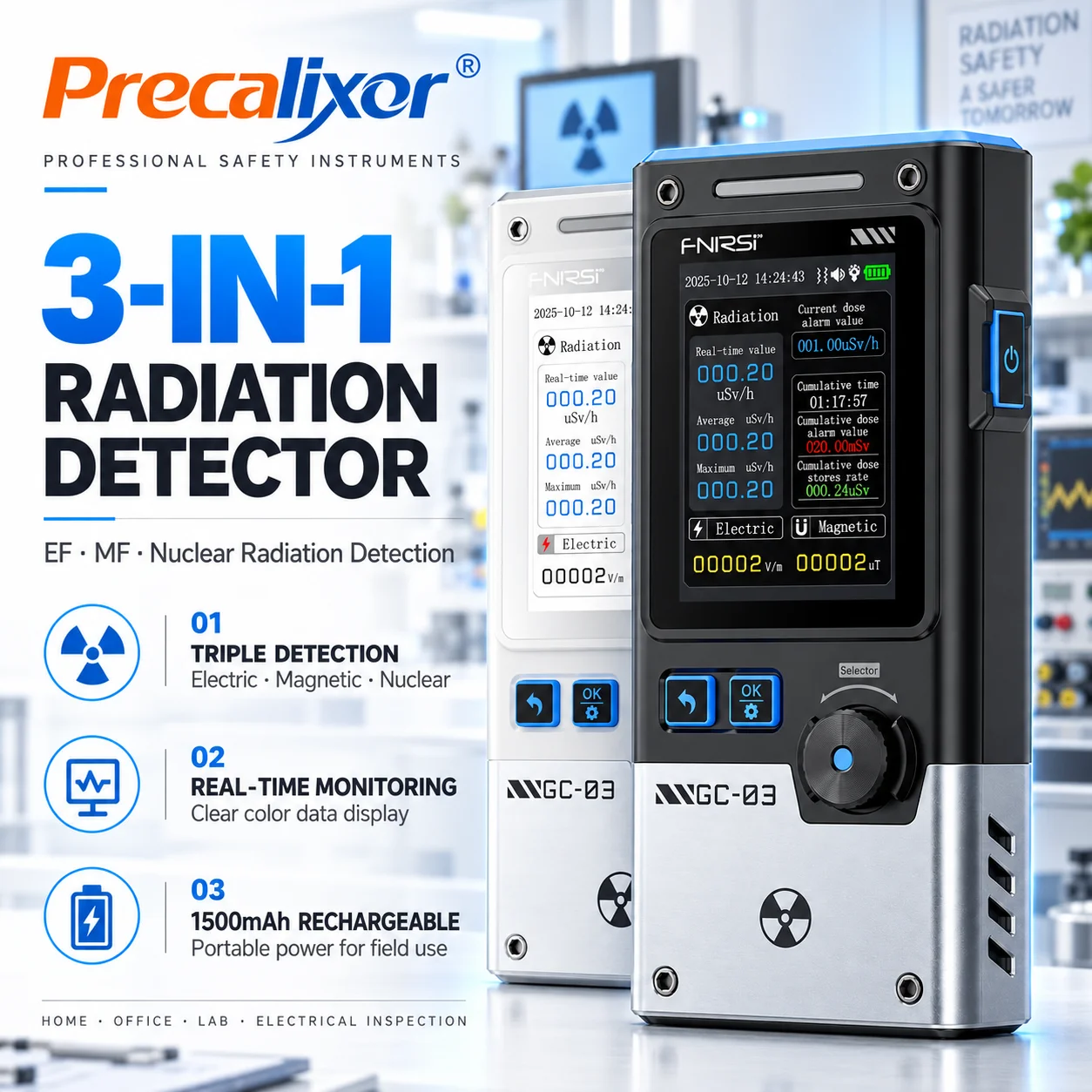 FNIRSI GC-03 3-in-1 Geiger Counter Nuclear Radiation EMF EF Detector Real-Time Dosimeter Alarm Rechargeable Portable Meter
