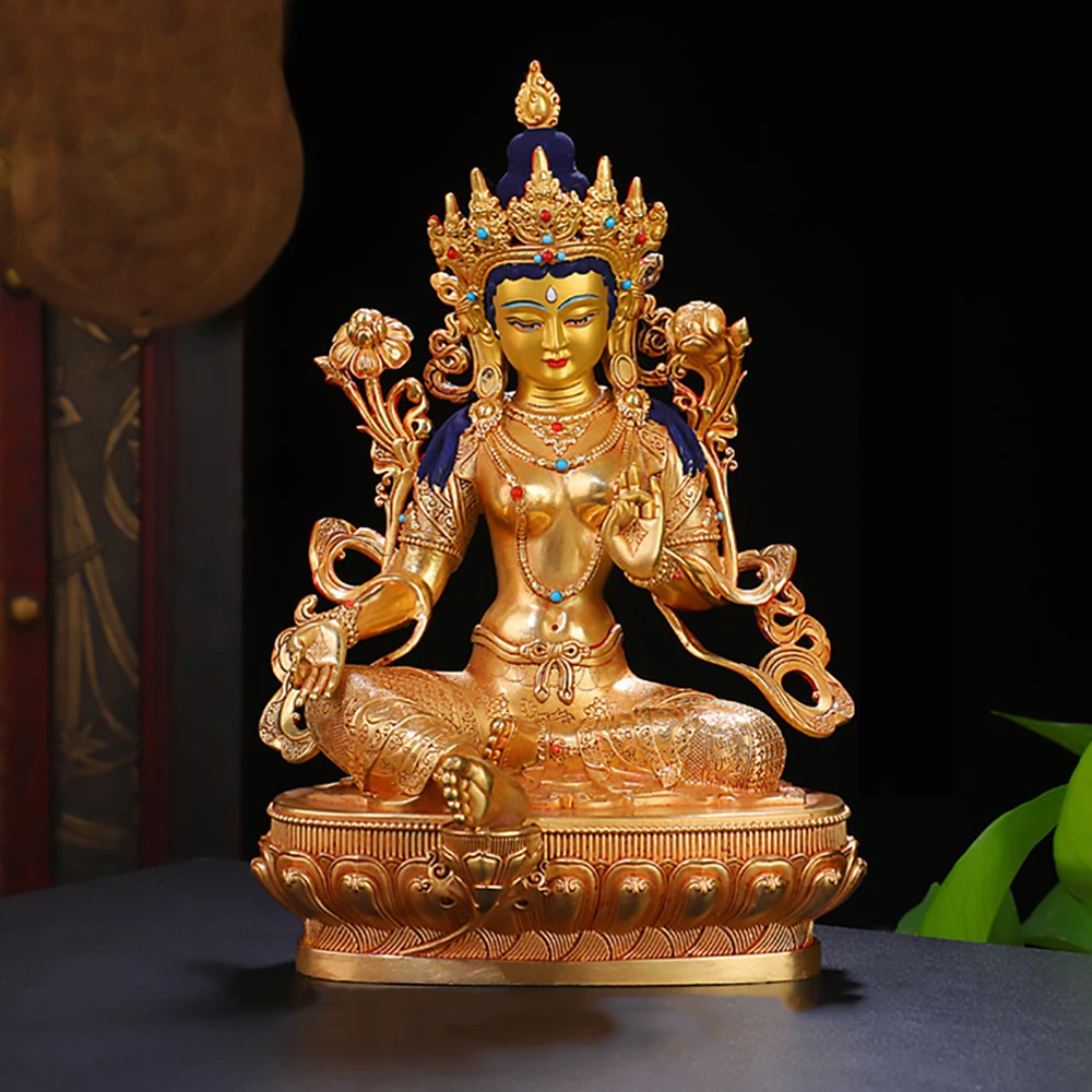 Nepalese copper Green Tara Buddha Statue Ornament, Brass gilded Bodhisattva statue, home indoor feng shui ornaments, 6/8inch