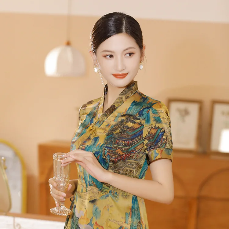 New Summer and Autumn Women's Short Improved Satin Cheongsam Dress National Clothing Costume Suit
