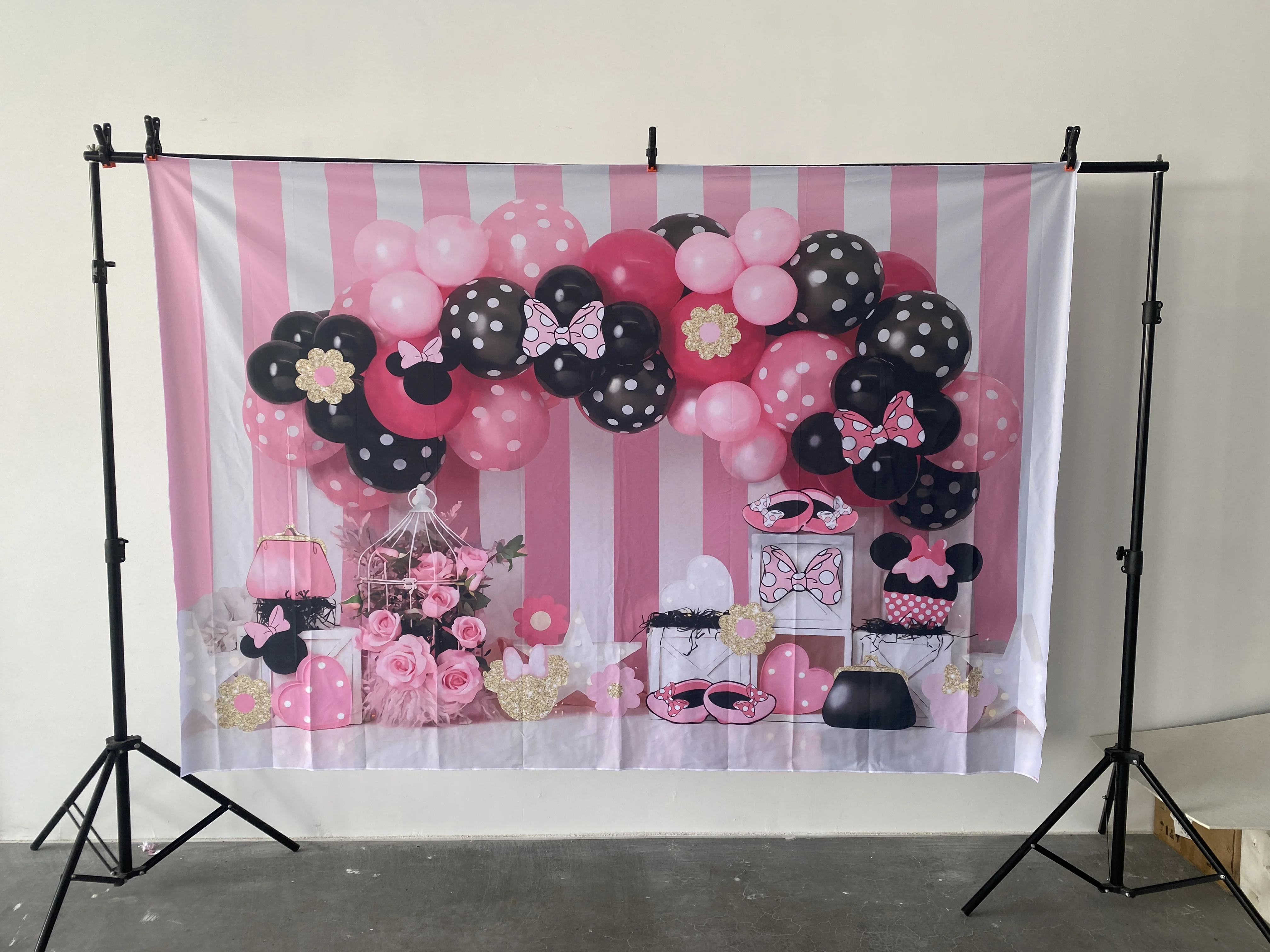 Disney Minnie Mouse Ballons Backdrop Pink White Strips Girl Birthday Party Photography Background Decorations Celebration Banner