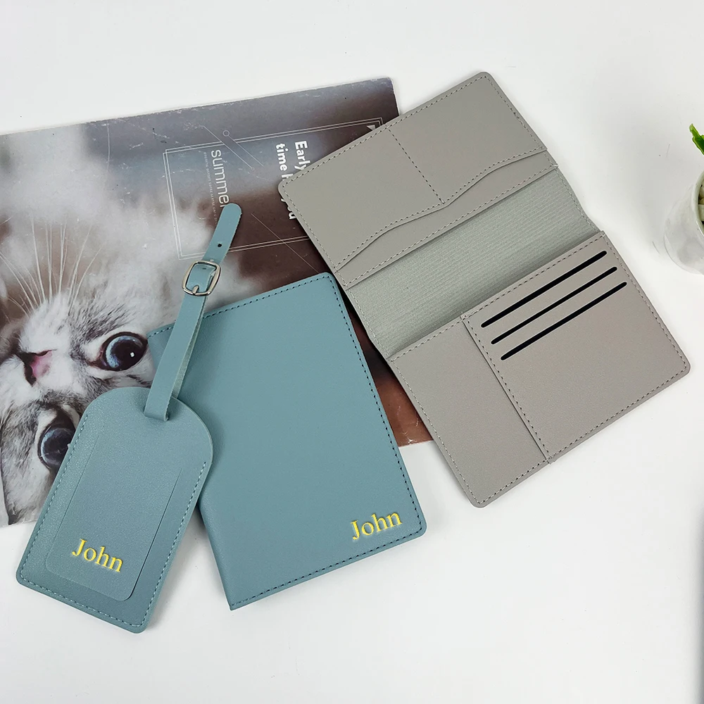 Customized Name PU Leather Passport Case Luggage Tag Set with Multiple Functional and Multi-Slot Leather Passport Bag