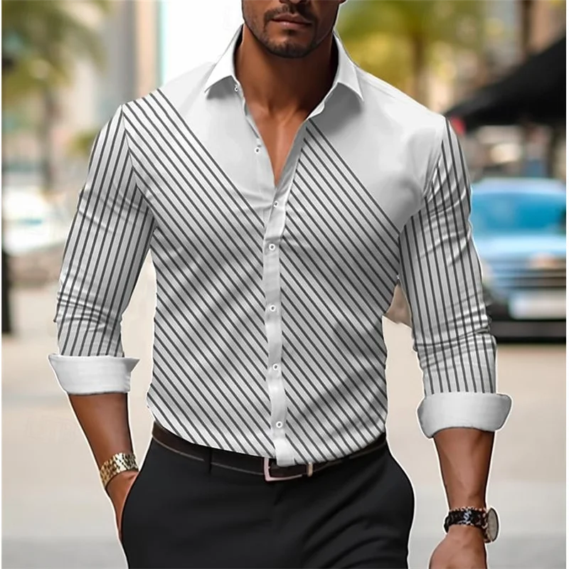 Simple Line Plaid Print Men's Social Shirts Business Casual Lapel Tops Fashion Loose Long-sleeved shirt Autumn Trend y2k Clothes