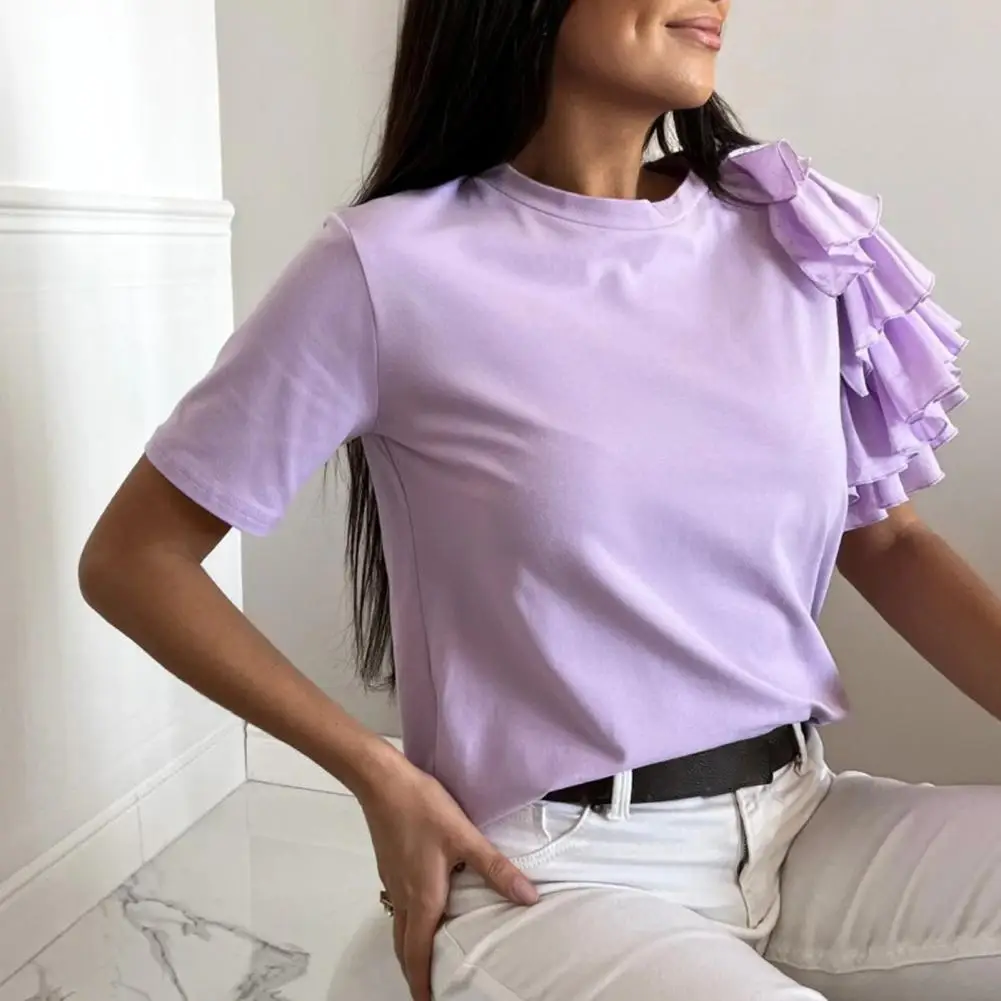 Women Blouse Solid Color Layered Ruffles Short Sleeve O-Neck Summer Crew Neck Pleats T-shirt Simple Tops Pullover Streetwear