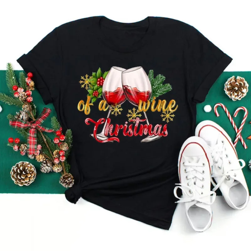 Merry Christmas T-shirt Fashion Women T-shirt Red Wine and Christmas Hat Printed Tops Short Sleeve round neck Female Tee Shirts