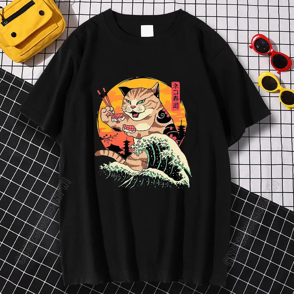 Japan Ukiyo E Style Waves Cat Print T Shirt Man 100% Cotton Street Streetwear Retro Big Size Clothes Funny Male T Shirt