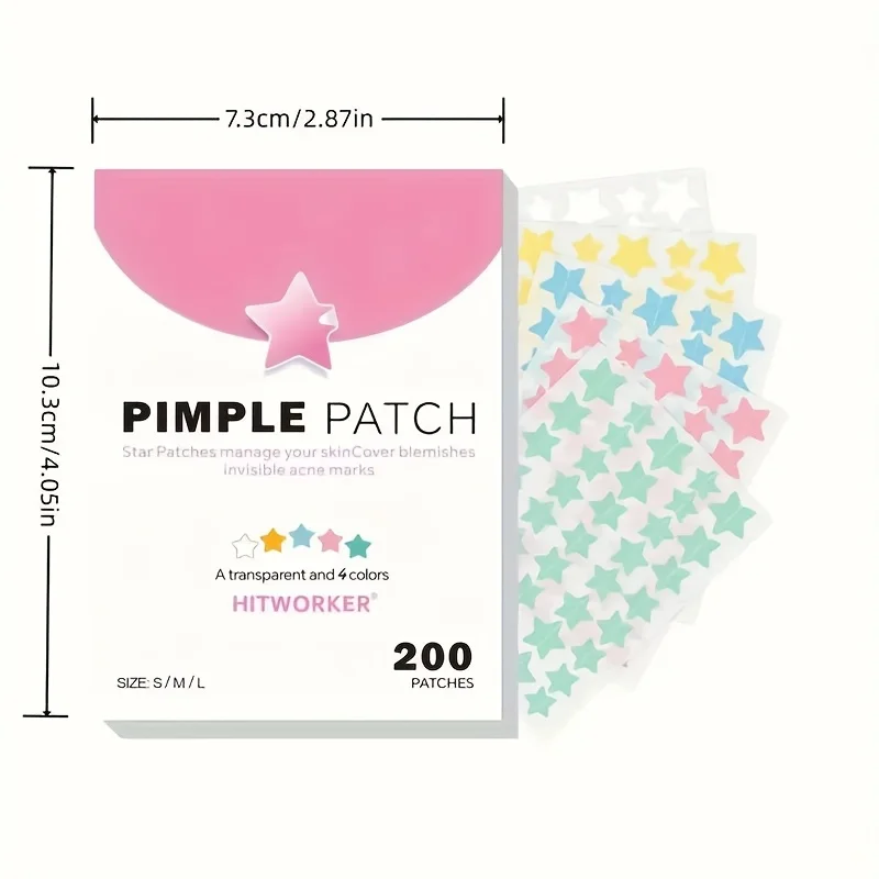 200pcs Multicolor Star Acne Patches - Adesivos de cobertura de manchas invisíveis fofos de cores mistas, caixa rosa