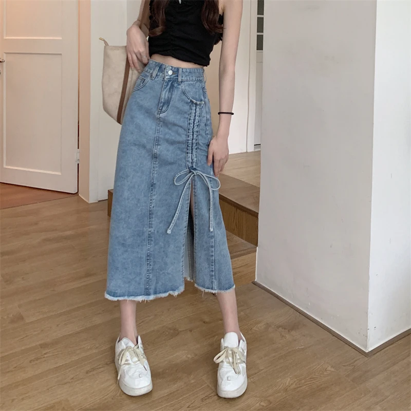 New 2023 Gothic Black Saias Jeans Women Ruched Split Long Denim Skirts Fashion High Waist Jeans Skirt Summer Casual Streetwear