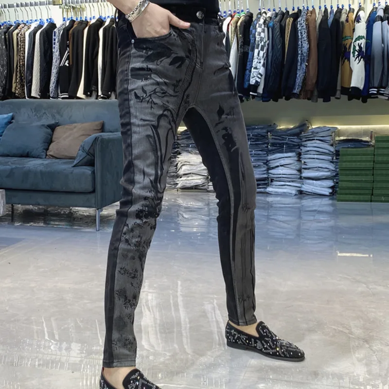 Fall Printed Skinny Slim Men Jeans Party Casual Trousers Pantalones Winter High Street Black Jean Streetwear Motorcycle Pant