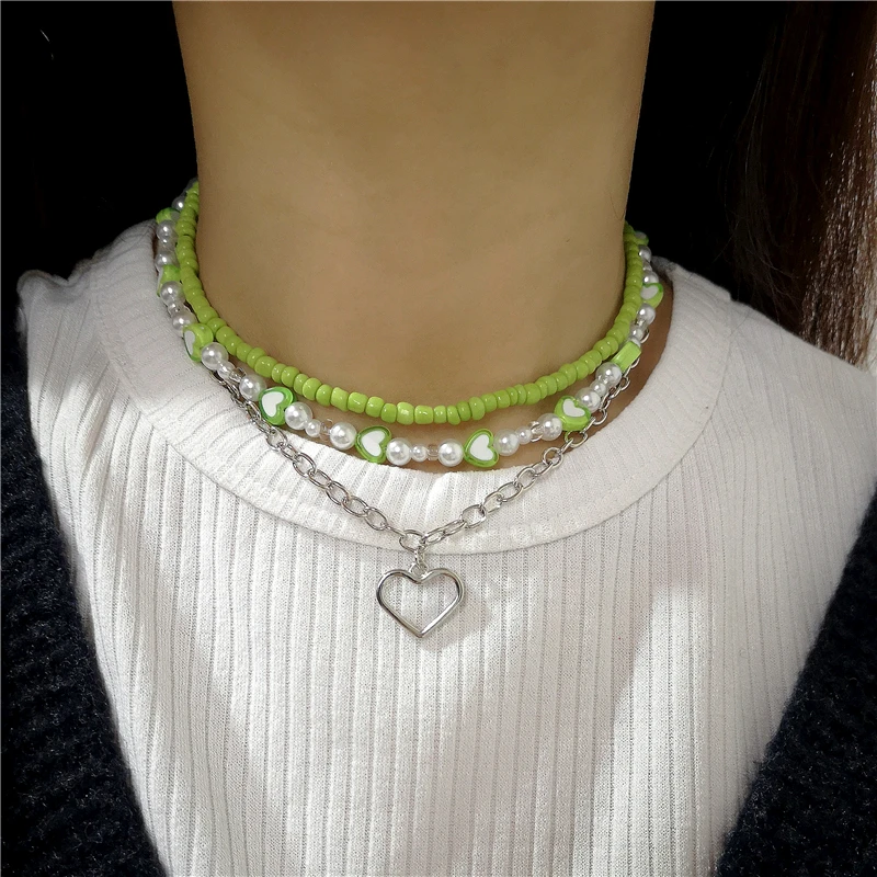 Korean Trendy Retro Cute Pink Green Pearl Peach Heart Necklace For Female Girl Party EMO Grunge Y2K Harajuku Jewelry Accessory