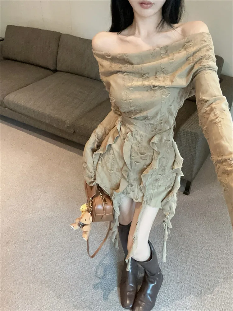 Wasteland Punk Style Fashion Ripped Irregular Mini Dress Slash Neck Women 2025 New Spring Ruffles Ribbon Long Sleeve Short Dress