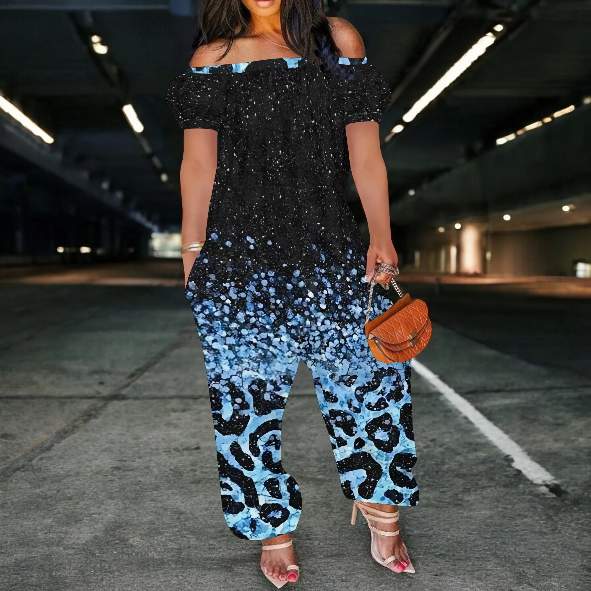 Women Plus Size One Piece Outfits Leopard Print Off Shoulder Short Sleeve Loose Long Pants Jumpsuits