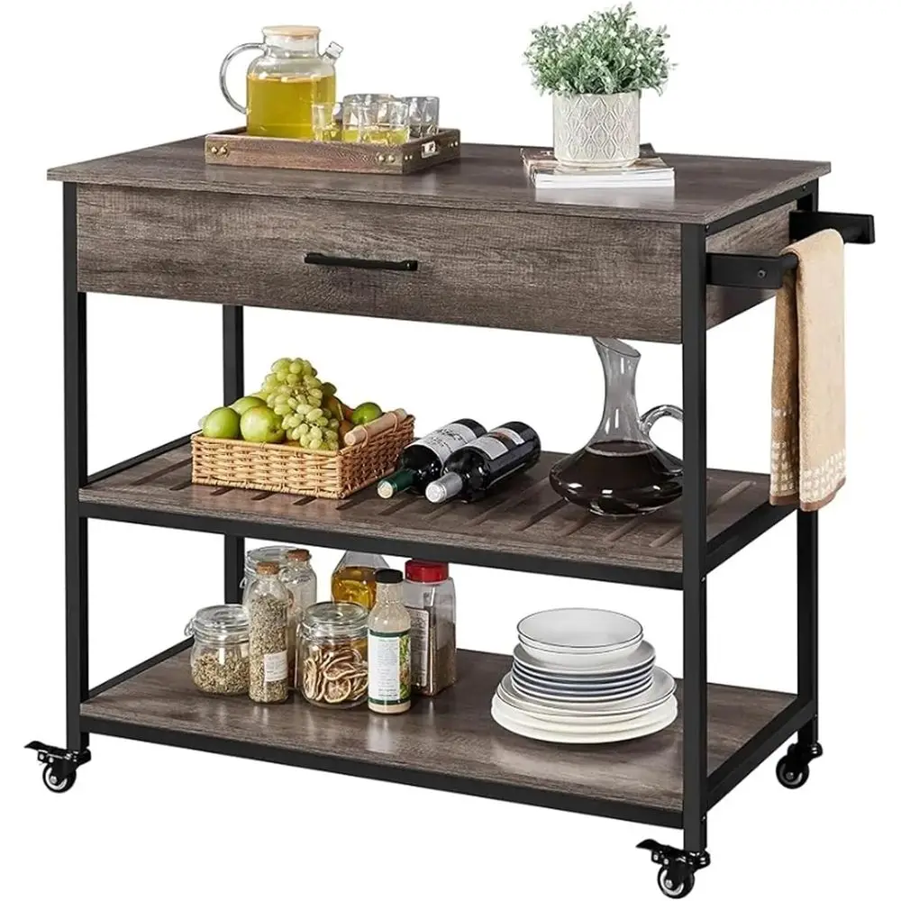 

3-Tier Rolling Kitchen Island Trolley with Storage, Lockable Wheels, and Towel Rack