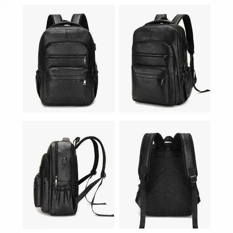 PU Leather High Quality Backpack Men Large USB Charging Laptop Backpacks Male Mochilas Schoolbag for Teenagers Boys Bagpack