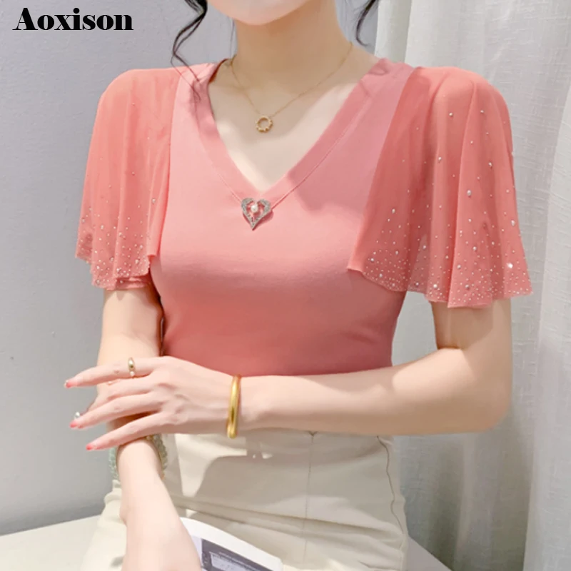 

Elegant Fashion Women T-shirt V neck Ruffle sleeve Hot Drilling Tops Korean Fashion Patchwork Casual Shirt