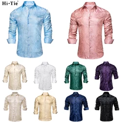 Hi-Tie Jacquard Paisley Light Blue Mens Shirt Long Sleeve Lapel Shirt Blouse Outerwear Wedding Office Breathable Quality