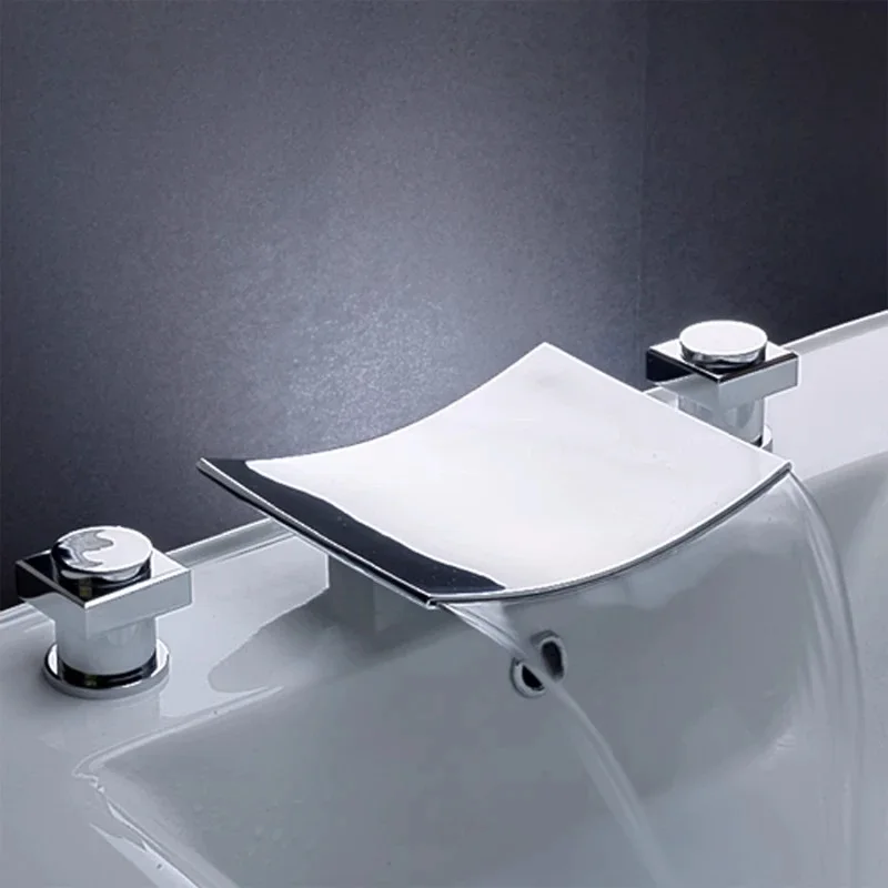 Solid 59# Brass Plated Chrome Split Basin Faucet Deck Mounted Waterfall Faucet 3 Hole Double Handle Hot And Cold Water Mixer Tap