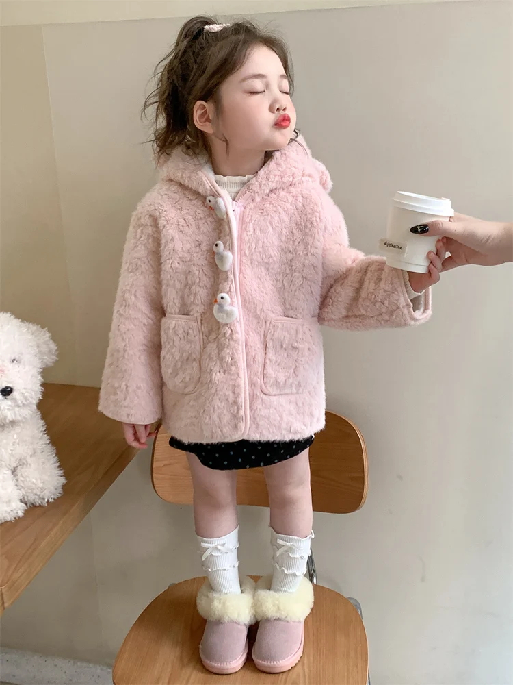 Chaqueta de Invierno con Capucha para Niñas, Estilo Coreano, Abrigo Cálido y Moderno, Cierre de Botones, Color