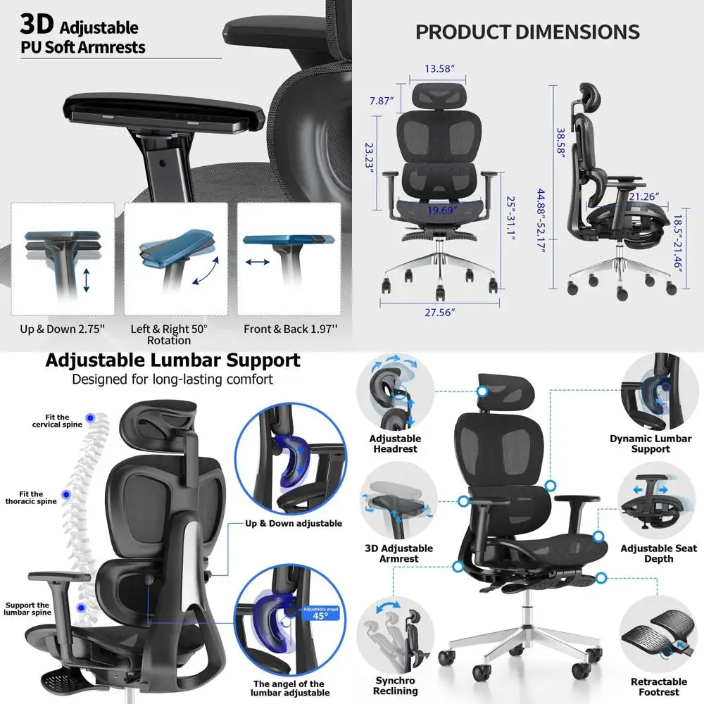

Ergonomic High-Back Mesh Office Chair with Adjustable Lumbar Support and Seat Depth for Big and Tall Users, Suitable for Home or