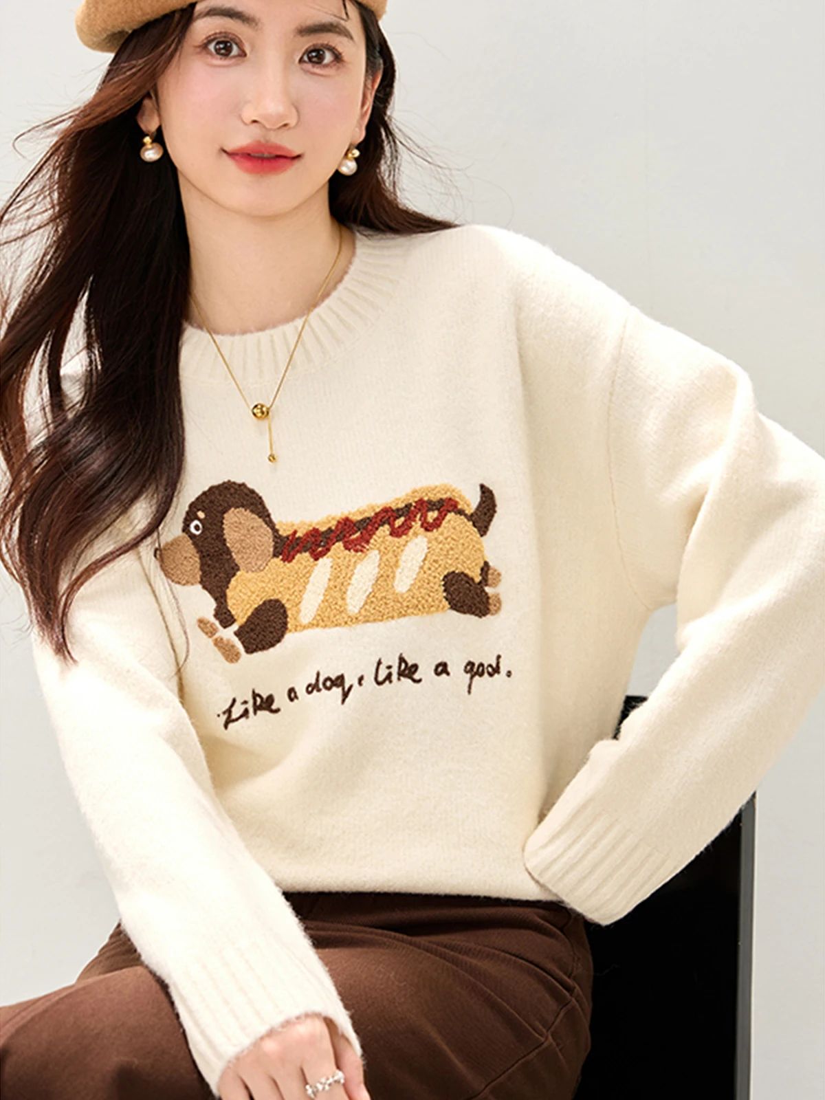 Fall Winter 2025 Women Sweater Dachshund Sausage Dog Embroidered Knitwear Pullover Top Long Sleeve Loose Women Clothes 510903