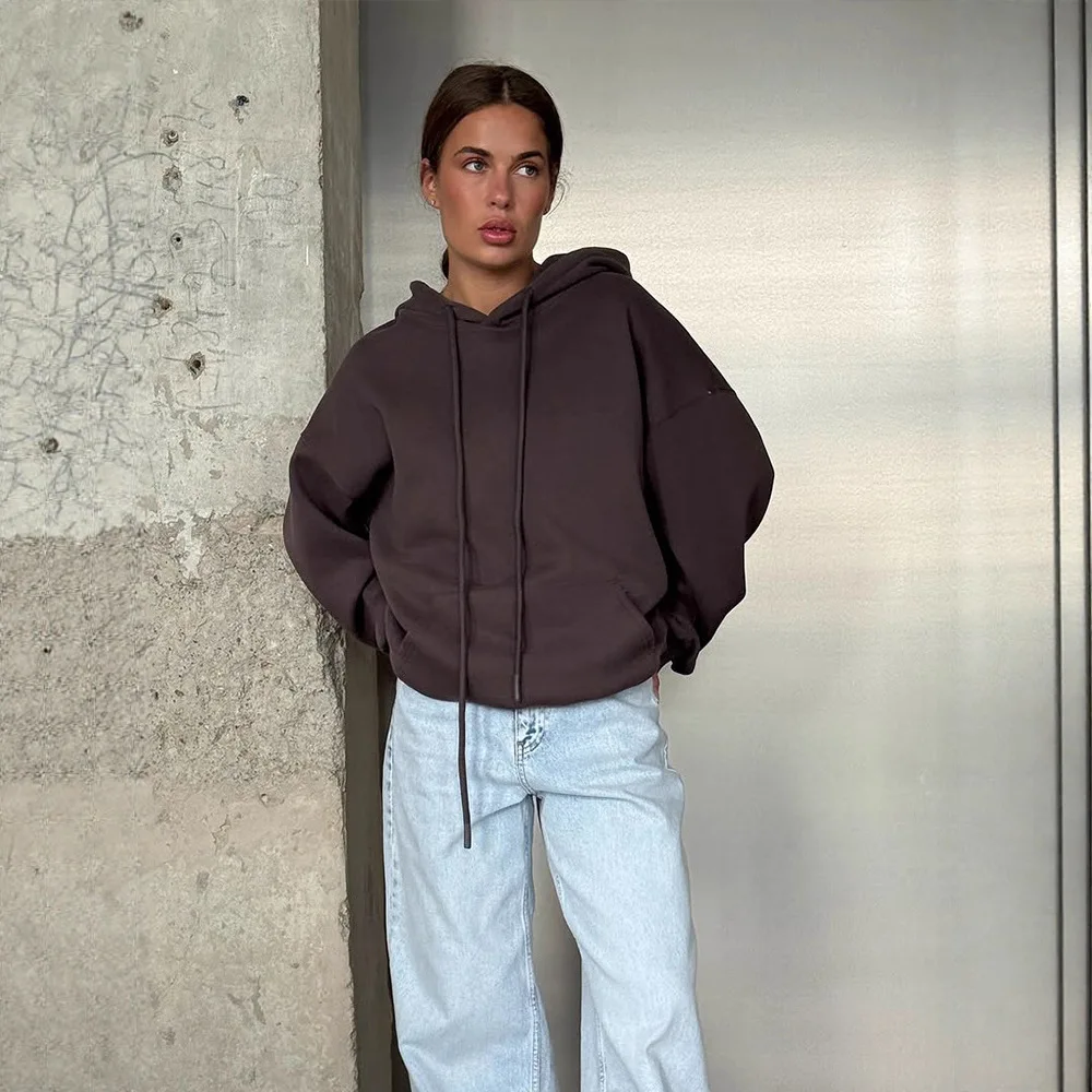 Felpa con cappuccio a maniche lunghe tinta unita casual alla moda da donna autunno nuovo stile semplice versatile top confortevole