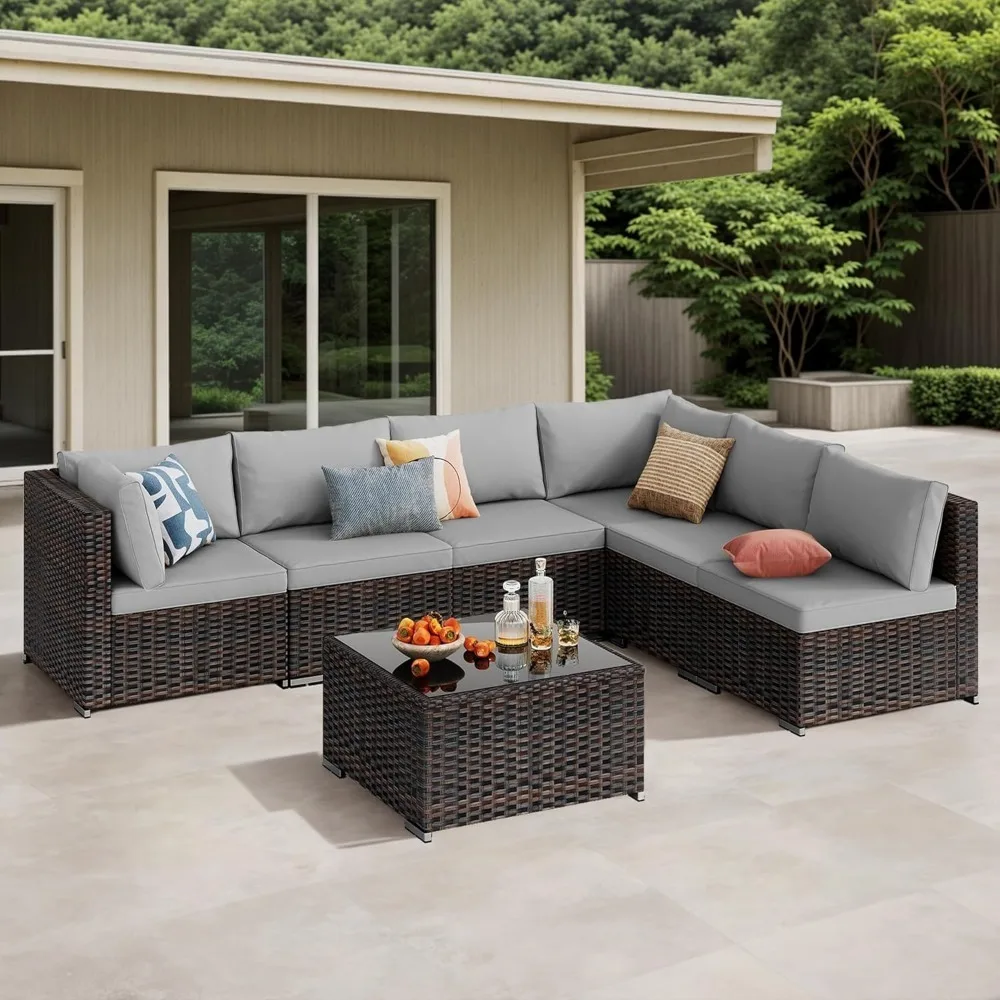 7 Pieces Outdoor Patio Furniture Set PE Rattan Outdoor Wicker Sectional Furniture Sofa Set, with Cushions and Glass Coffee Table