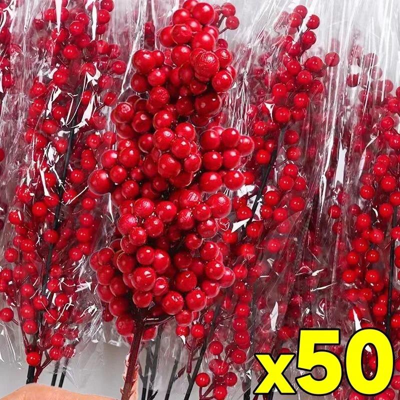 عيد الميلاد الاصطناعي التوت الأحمر فرع النباتات وهمية الزهور هولي بيري السداة إكليل الحلي لشجرة عيد الميلاد ديكور المنزل