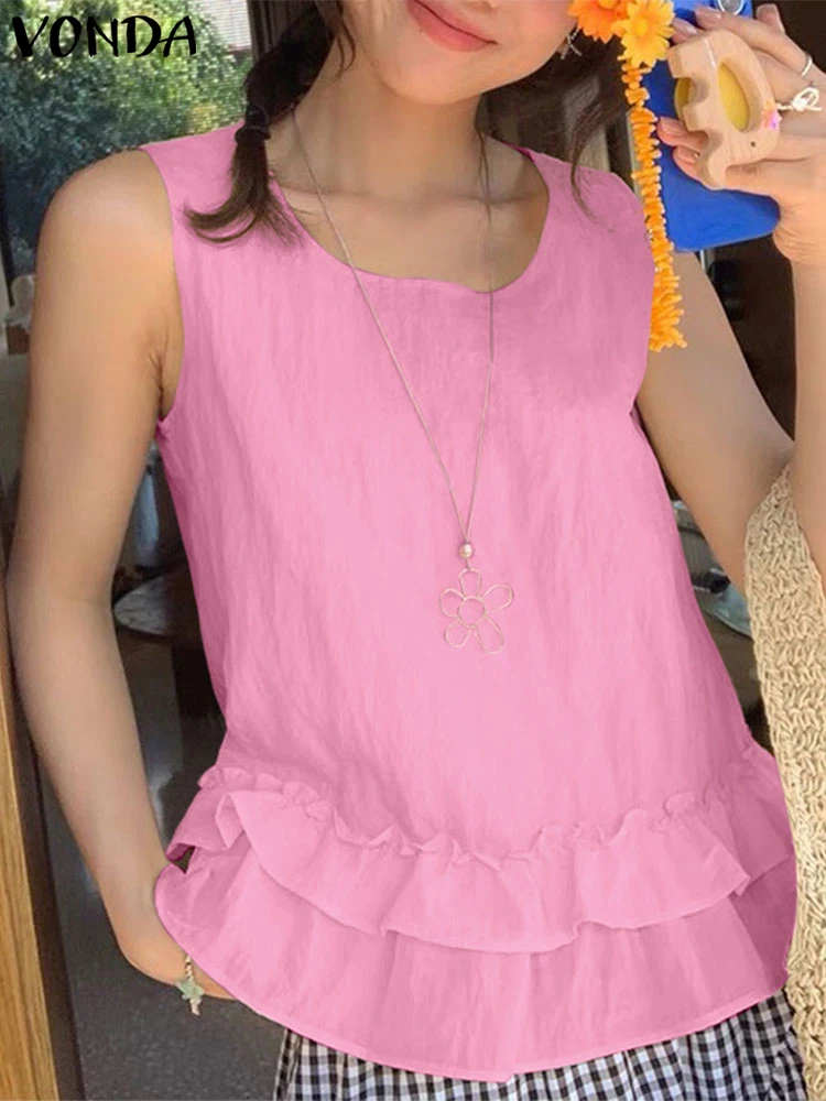 

VONDA Summer Tanks Tops Women Sleeveless Solid Tees 2025 Fashion Round Neck Casual Loose Tank Tops Tunic Korean Ruffled Shirts