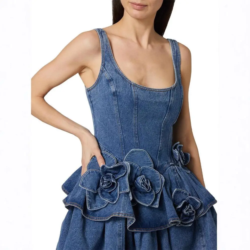 Verão 2025 Feminino Floral Dupla Camada Slim A-Line Denim ter Saia Or Dr CleanFit Cintura Alta Sem Marca Tee-acetato...