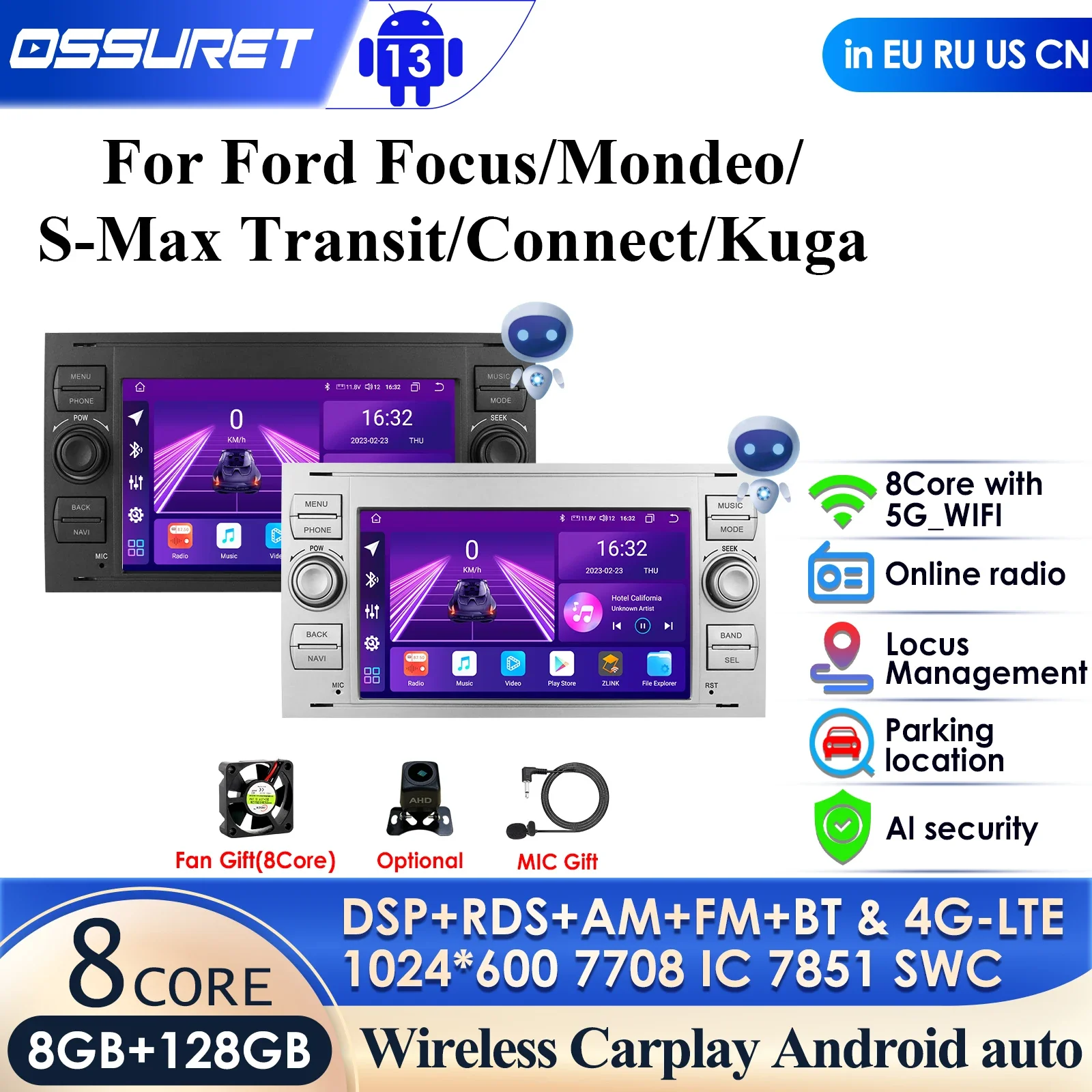 Carplay 4G 2din Android Car Radio GPS for Ford Mondeo S-max Focus C-MAX Galaxy Fiesta Transit Fusion Connect Kuga Multimedia Nav