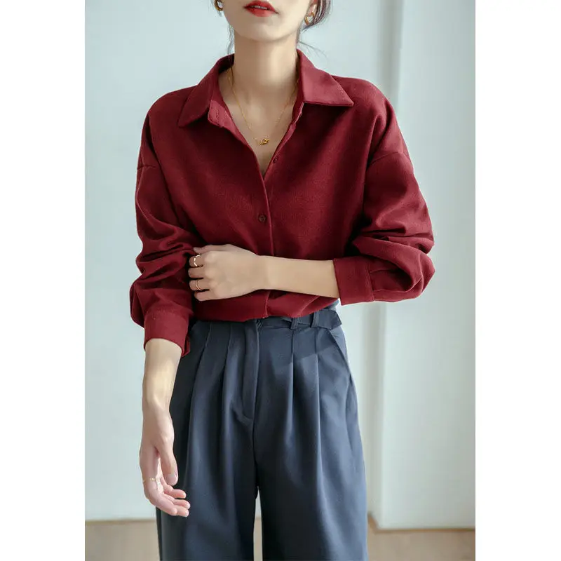Herbst Winter Thiened Cord Long Sve Damen irt Vintage Brued Loose Base Layer irt Jaet Collar Button C...