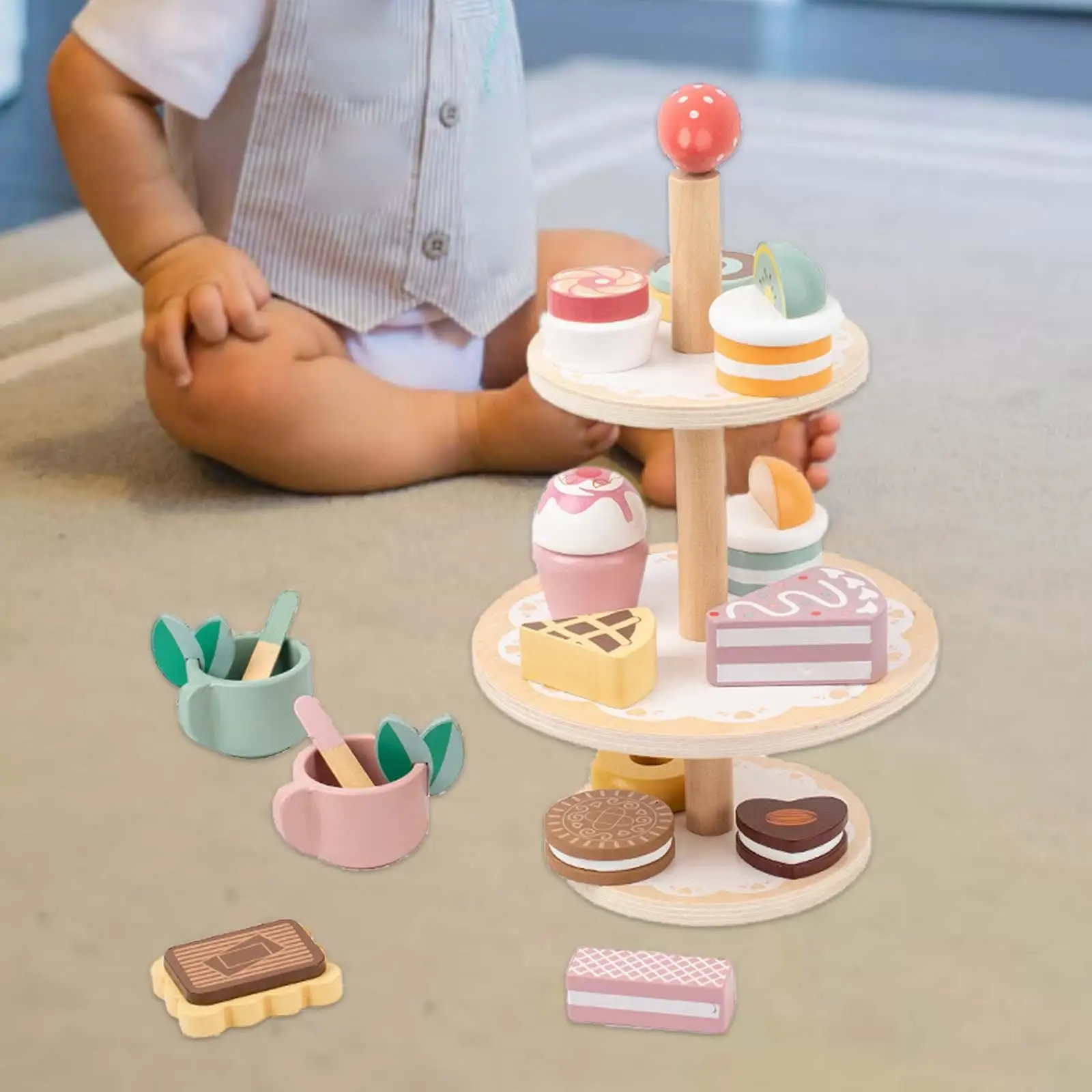 ערכת תה מעץ משחק אינטראקטיבי פלייסט משחק קינוח מגדל תה אחר הצהריים מסיבת תה