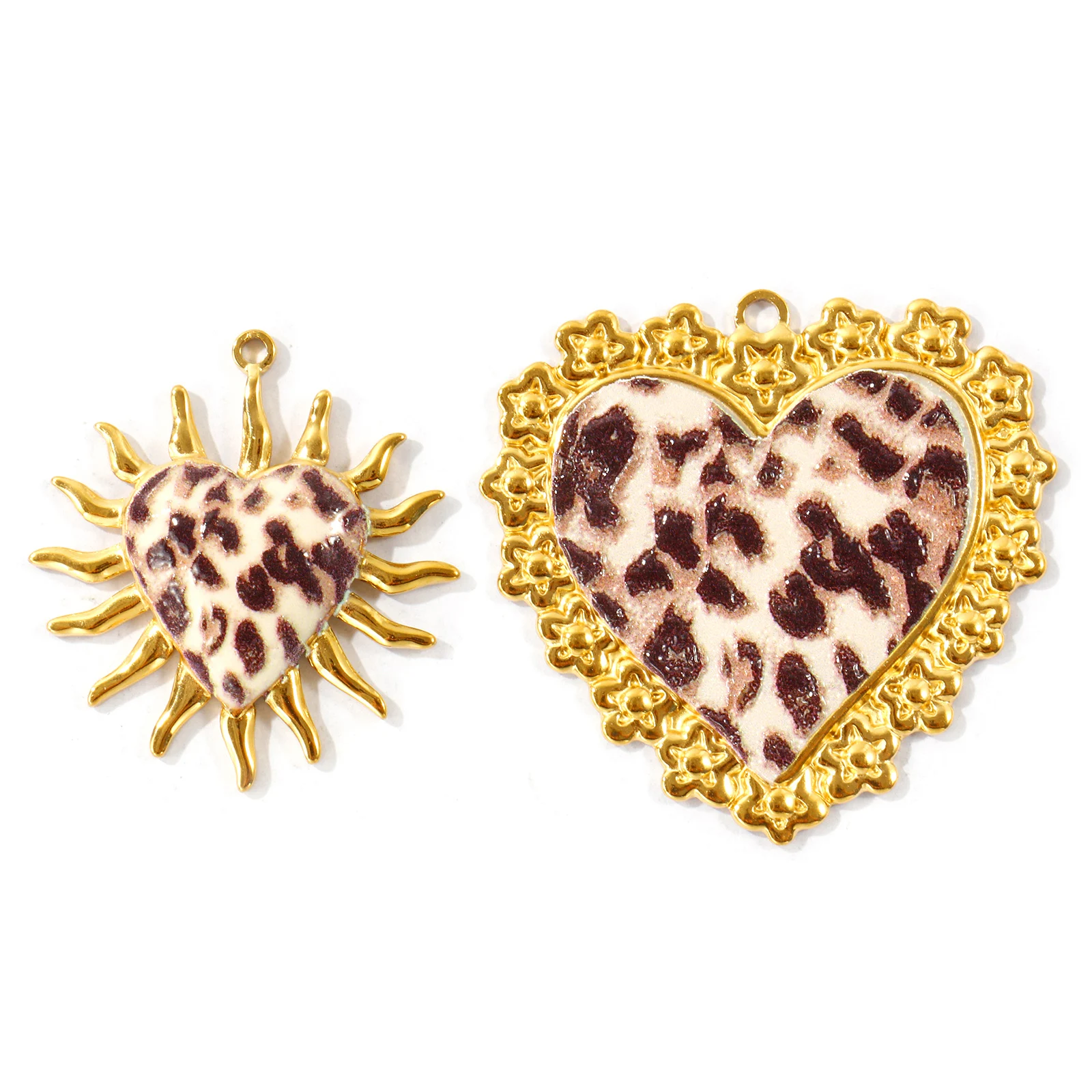 1PC Leopard Print Heart Sun Charms 18K Gold Plated Stainless Steel Ornate Frame Heart Pendant Women DIY Necklace Jewelry Making