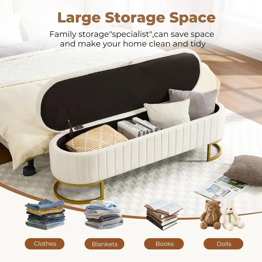 Banc ottoman, 63 bancs d'extrémité de lit en velours, banc de chambre à coucher King Size avec pieds en métal doré, banc de rangement rembourré pour chambre à coucher