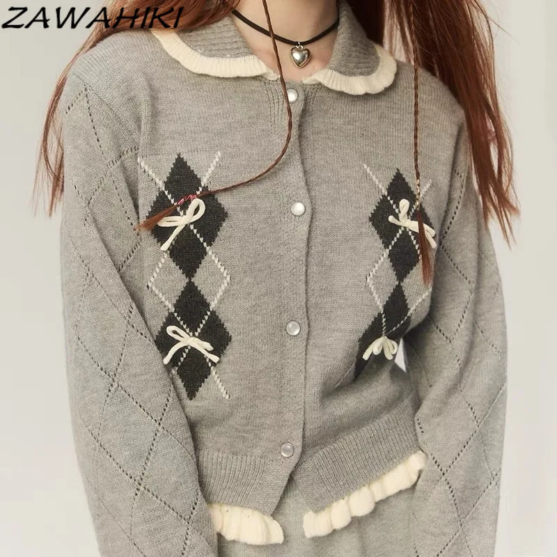 ZAWAHIKI Fall New Arrive Vintage Peter Pan Collar Knitted Cardigan Women Long Sleeve Contrast Color Breasted Sweater Women