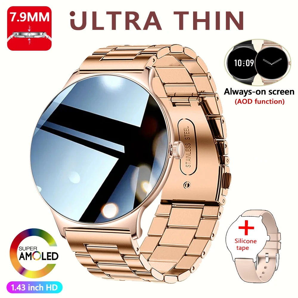 Ultradünne, modische Damen-Smartwatch, 1,43 Zoll AMOLED-HD-Bildschirm, Sportarmband, Uhr, zeigt immer die Zeit, Bluetooth-Anruf-Smartwatch
