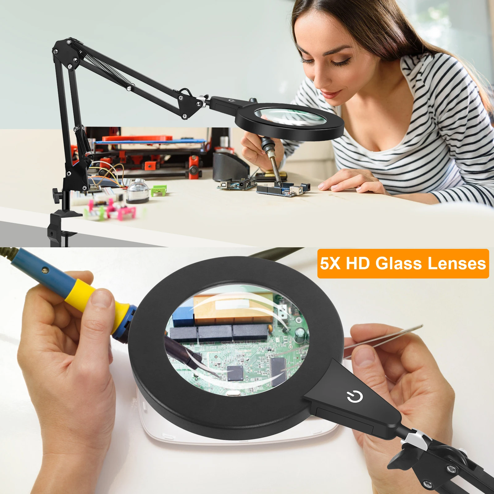 12V Magnifying Lamp with 108Pcs LED Lights 5X HD Glass Lens Magnifier 2 in 1 Stand&Clamp Table Lamp for Reading/Soldering Repair