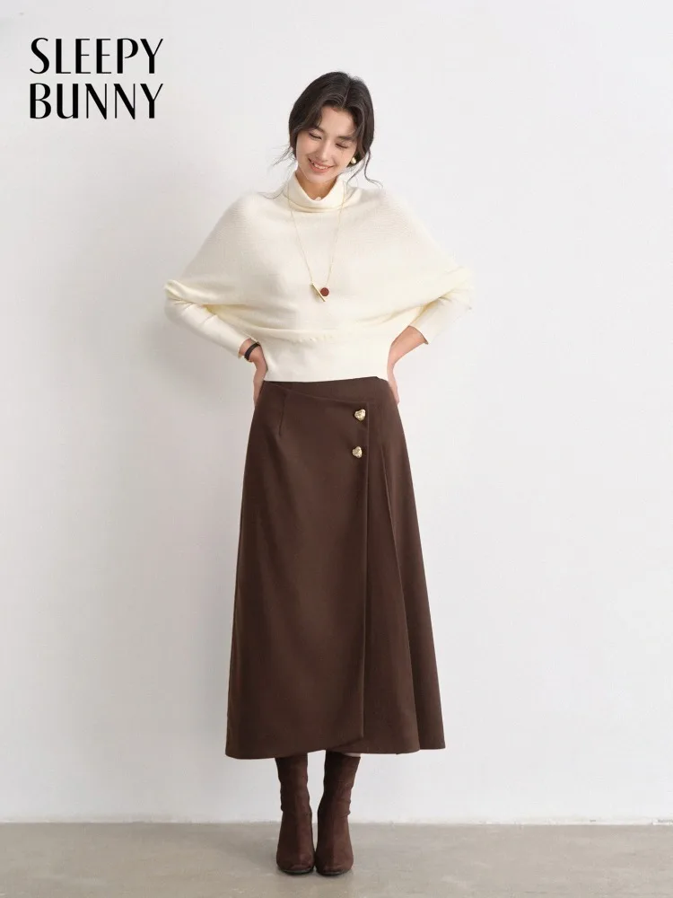 Chic Wool-Like A-Line Midi Skirt for Women Lady High-Waist Slim Fit Vintage Metal Button Skirt Elegant Autumn Winter Styling