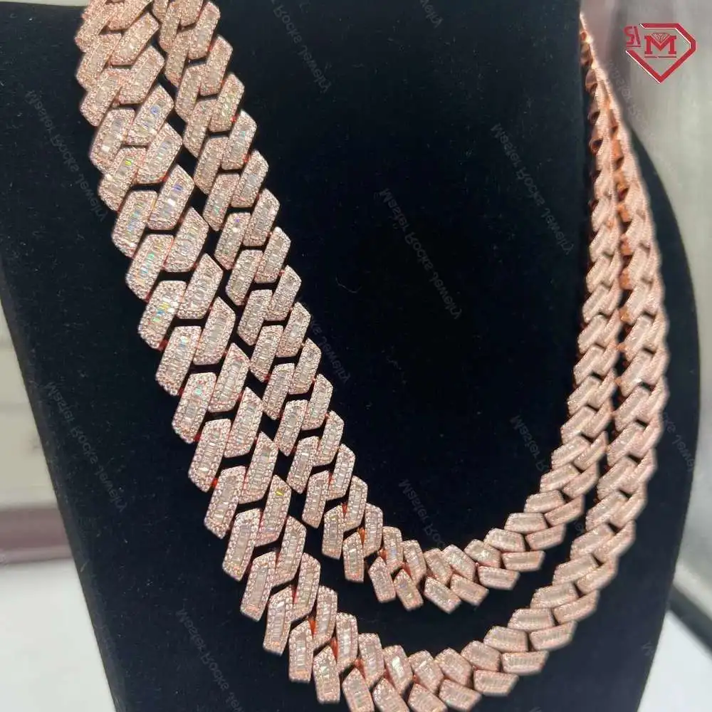 

Hiphop Cuban Chain 925 Sterling Silver Rose Gold 18mm Iced Out Miami Baguette Vvs Moissanite Cuban Link Chain